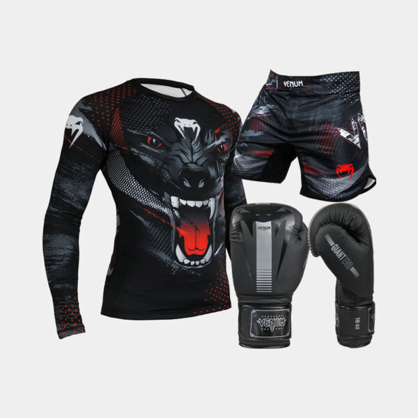 Combo Venum Lobo: un rashguard, una short y un par de guantes de boxeo de la marca Venum