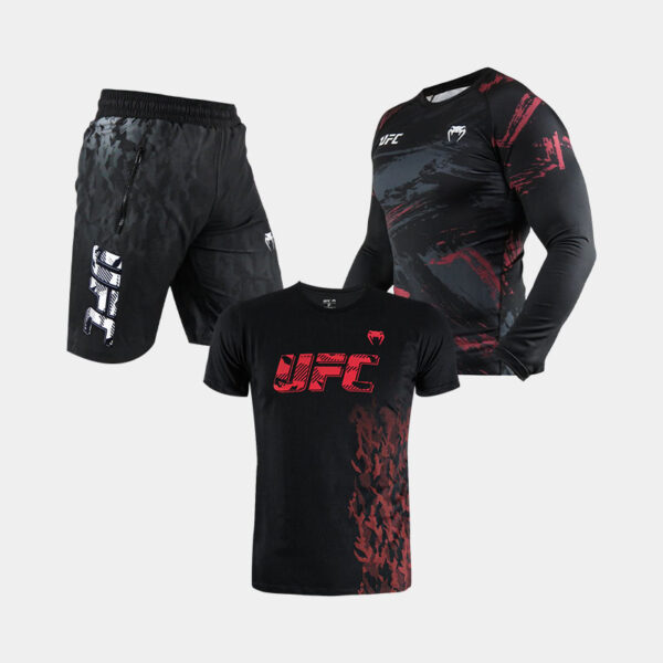 Combo Venum UFC Black: un rashguard, una remera y una bermuda de la marca Venum