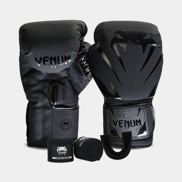 Kit Guantes De Boxeo + Vendas + Bucal - Venum Impact Evo 2.0 (Negro)
