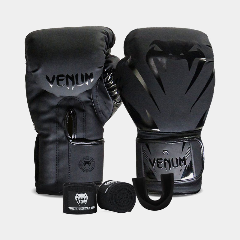 Kit Guantes De Boxeo + Vendas + Bucal - Venum Impact Evo 2.0 (Negro)