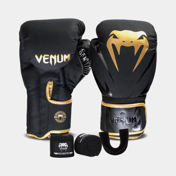 Kit Guantes De Boxeo + Vendas + Bucal - Venum Impact Evo 2.0 (Negro/Dorado)