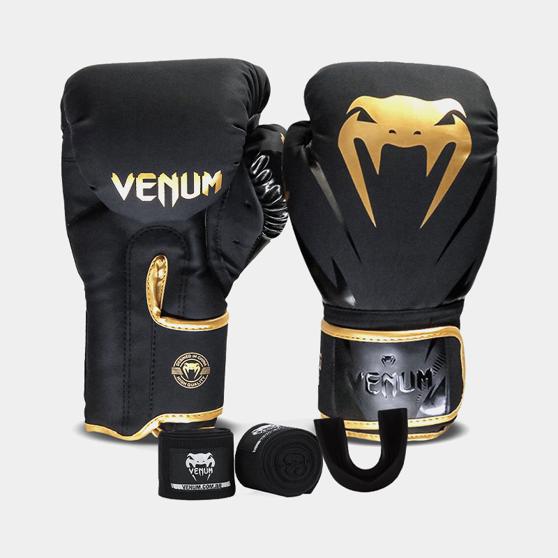 Kit Guantes De Boxeo + Vendas + Bucal - Venum Impact Evo 2.0 (Negro/Dorado)